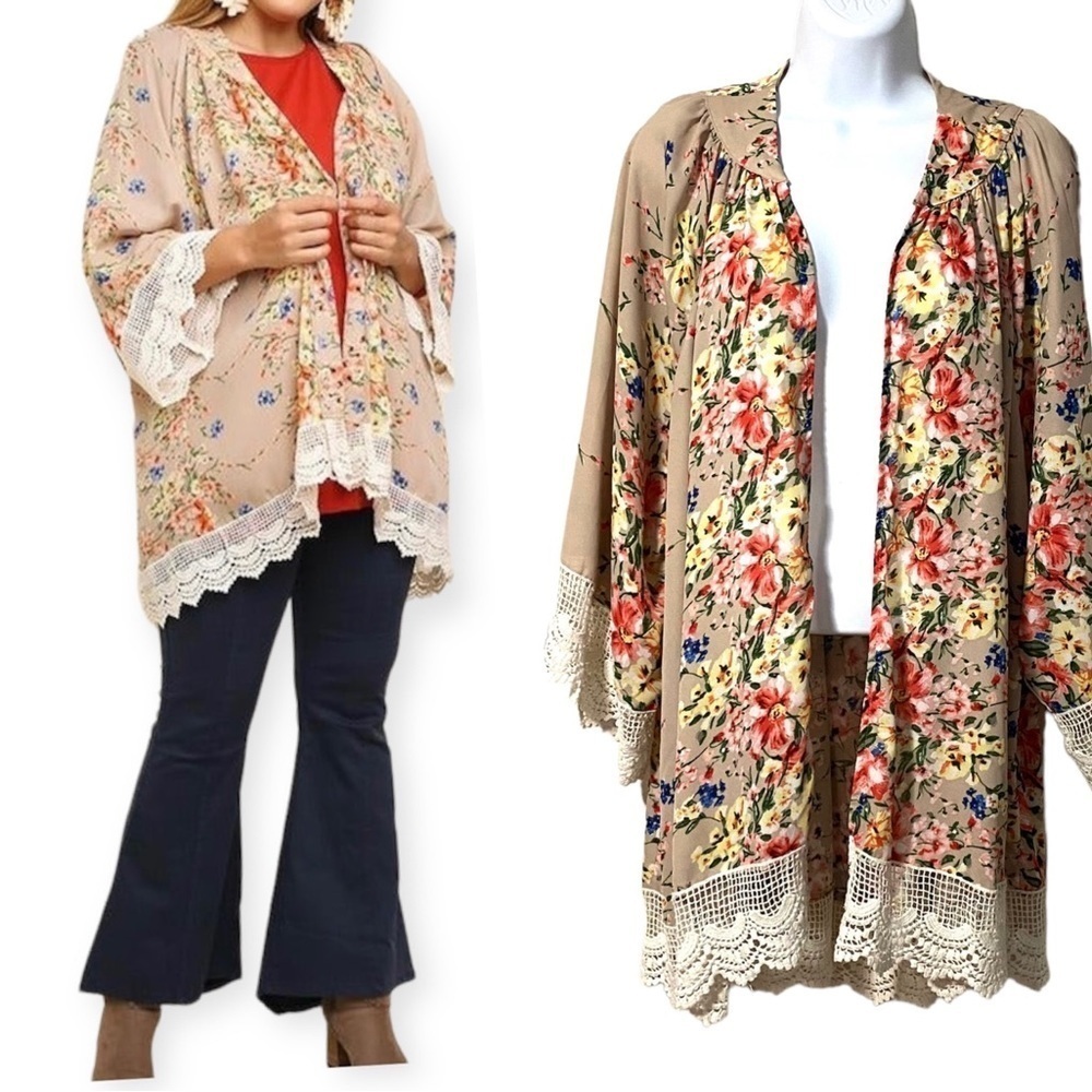 Umgee Flower Bomb Boho Open Front Longline Kimono Cardigan Top M/L